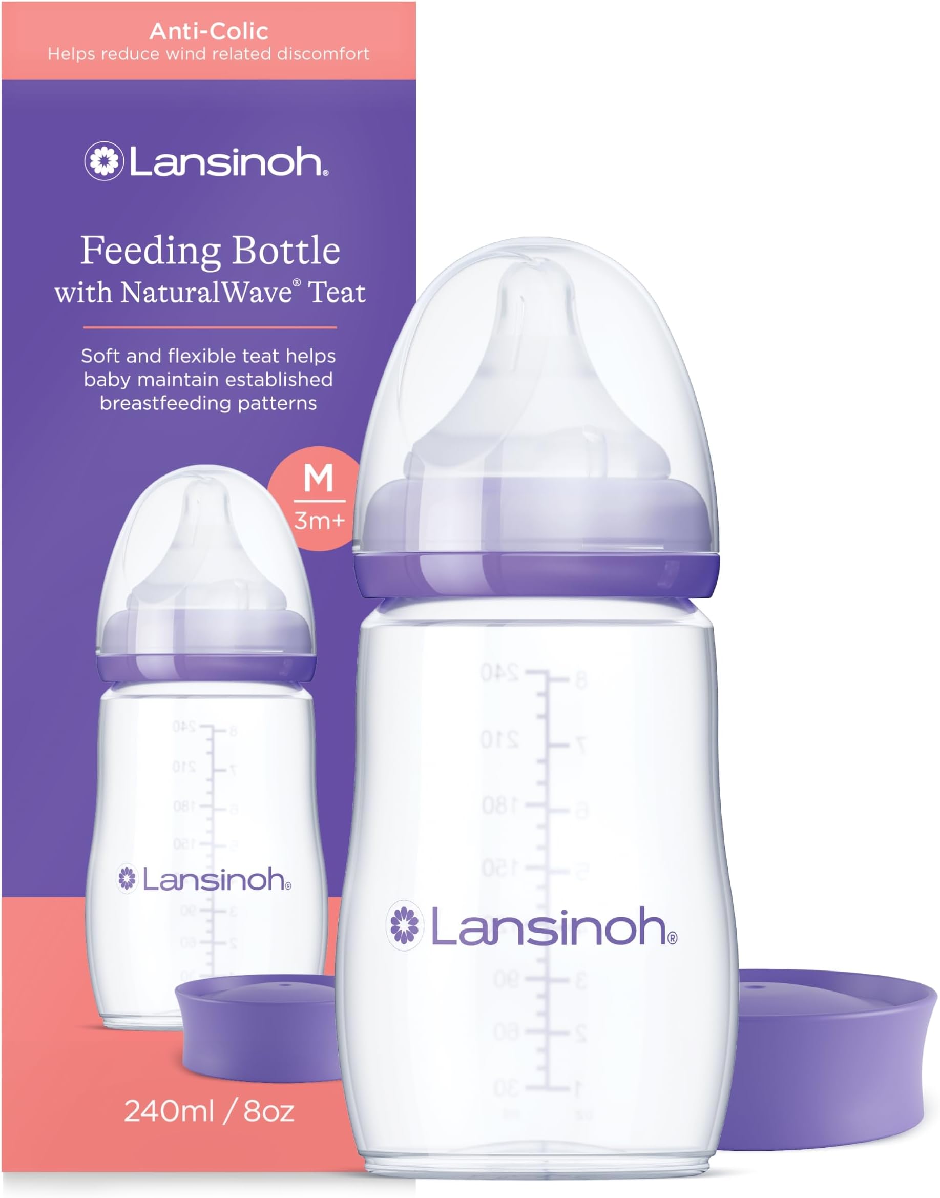 Anti Colic Baby Bottle - 240ml - NaturalWave® Medium Flow Teats Reduces Nipple Confusion + New Stackable Lid Breast Milk Storage Bottles Breastfeeding Bottle Feeding - Baby Bottles