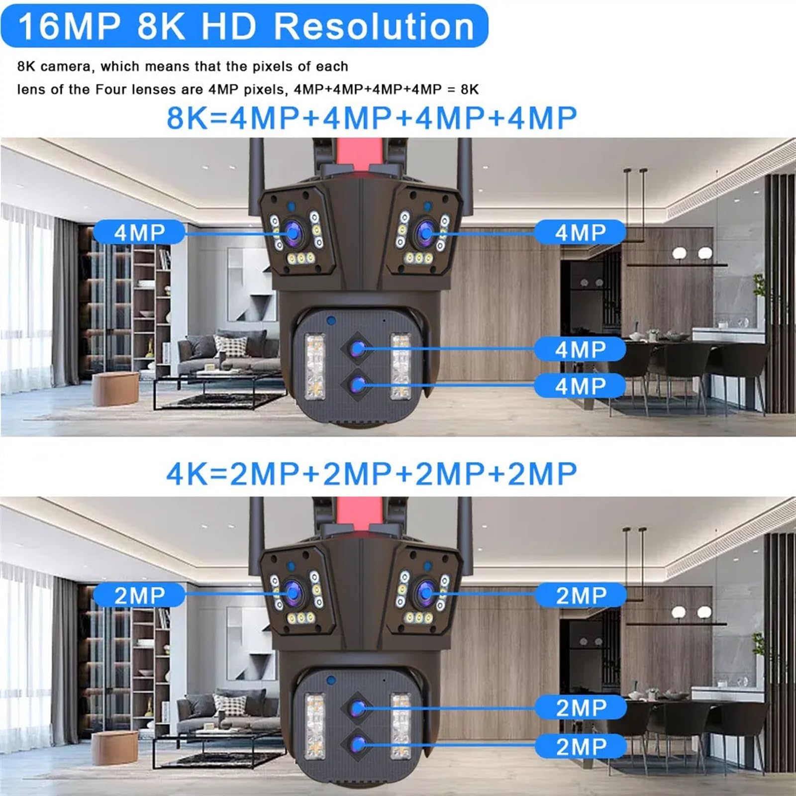 Caméra de sécurité, 8K 16MP Quatre objectifs PTZ caméra 10X Zoom AI Suivi Automatique Audio extérieur 8MP sécurité CCTV Surveillance IP(8K Add 128G Card)
