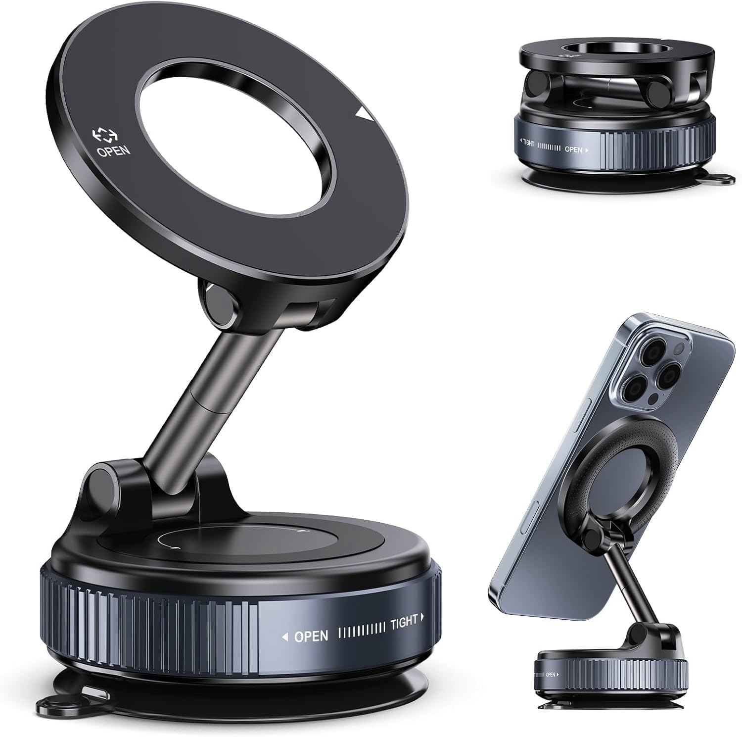 RIGGEAR Vacuum Suction Magnetic Phone Holder, Foldable 360° Adjustable Car Mobile Phone Mount for Magsafe iPhones and All Android Phones, Holder for Car, Gym, Mirror, Smooth Surface Table Top (Black)-image-33