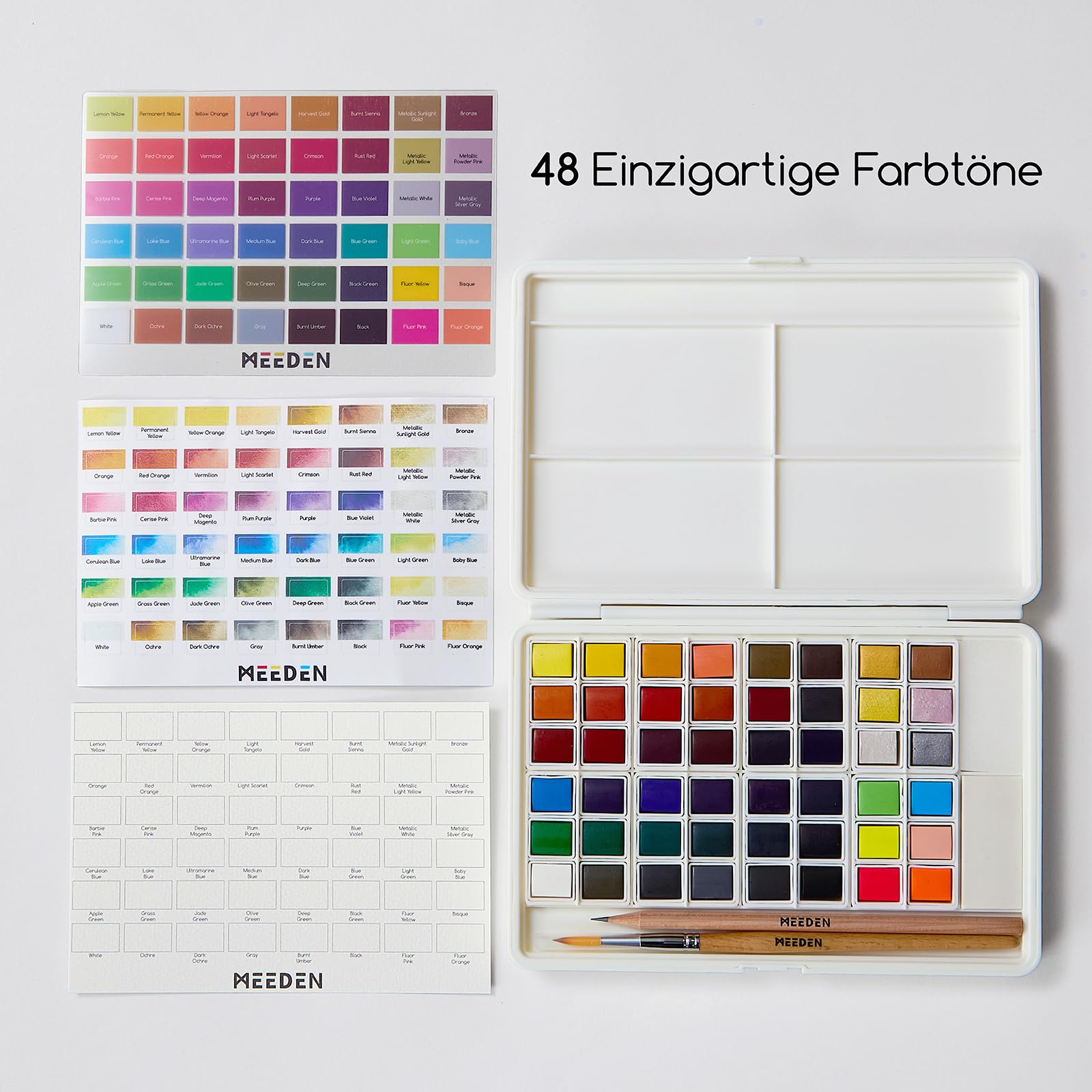 MEEDEN x Diane Antone Aquarellfarben-Set, limitierte Auflage, 48 Farben, tragbares Aquarell-Set mit 3 Aquarellpinseln, Ausmalseiten, Aquarellpapier und Postkarten, Kunstbedarf für Erwachsene, ideales
