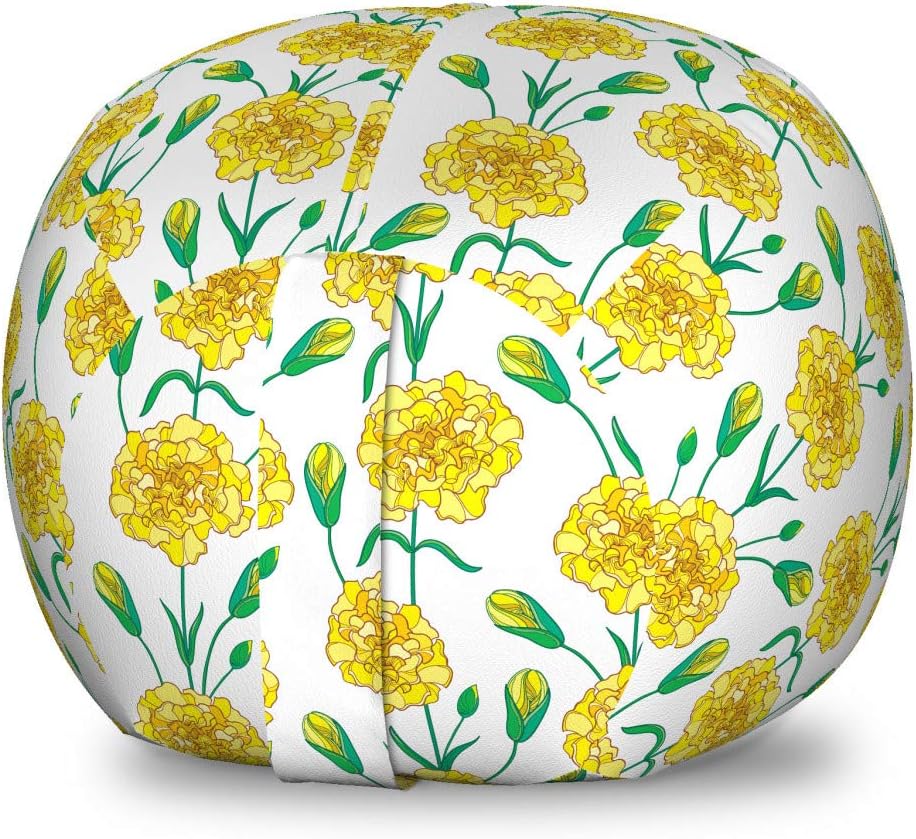 Ambesonne Clove Storage Toy Bag Chair, Doodle of Carnation Flowers and Buds in Yellow Tones with Leaves, Stuffed Animal Organizer Washable Bag, Large Size, Yellow Jade Green White