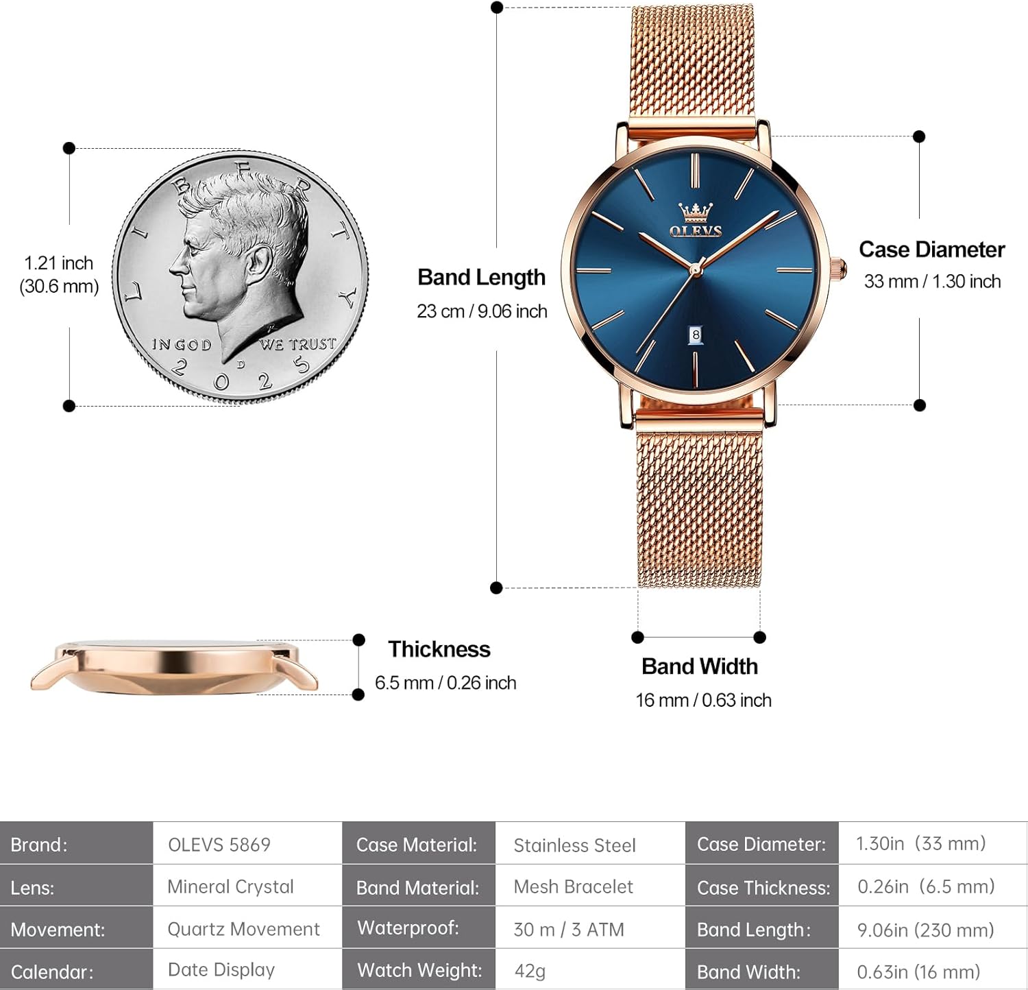 OLEVS Women's Mesh Bracelet Watch, Elegant Large Face Three Hand Analog Quartz Womens Wristwatch, Pretty Slim Date Display Waterproof Ladies Watches for Small Wrists - Image 5