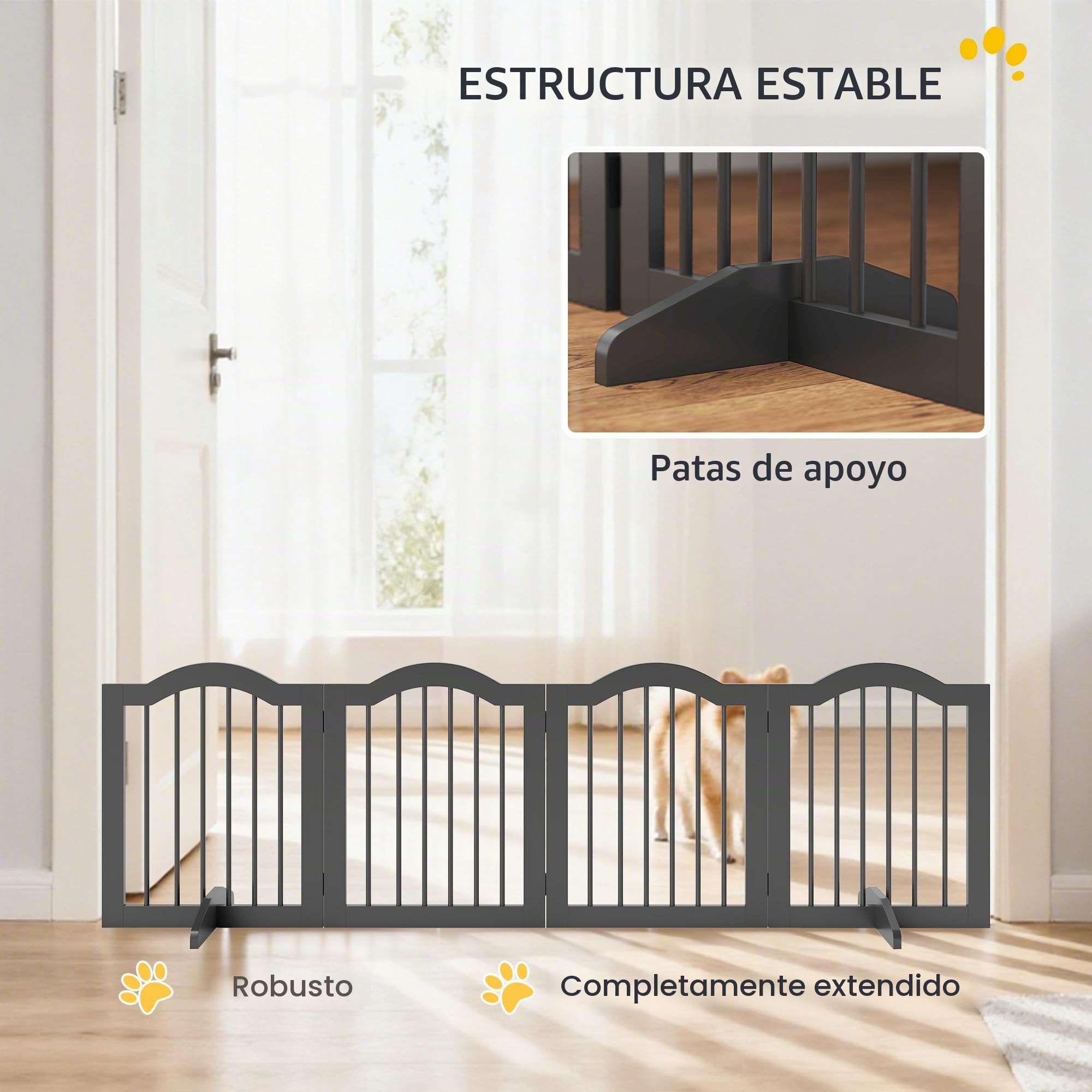 PawHut Valla Barrera Perro 4 Piezas, 208 x 61 cm Valla Plegable para Perros con Puerta, Valla Protectora de Puerta con 2 pies de Apoyo, Puerta de Escalera Independiente para Cocina, Pasillo, Negro | Rejilla para perros de 4 piezas con puerta, con 2 patas