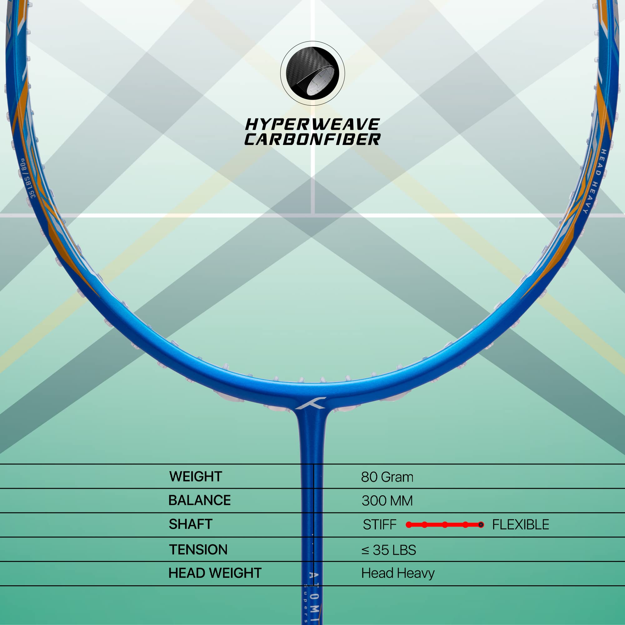 Hundred Atomic-X 35 SPD Carbon Fibre Strung Badminton Racket mit Full Racket Cover