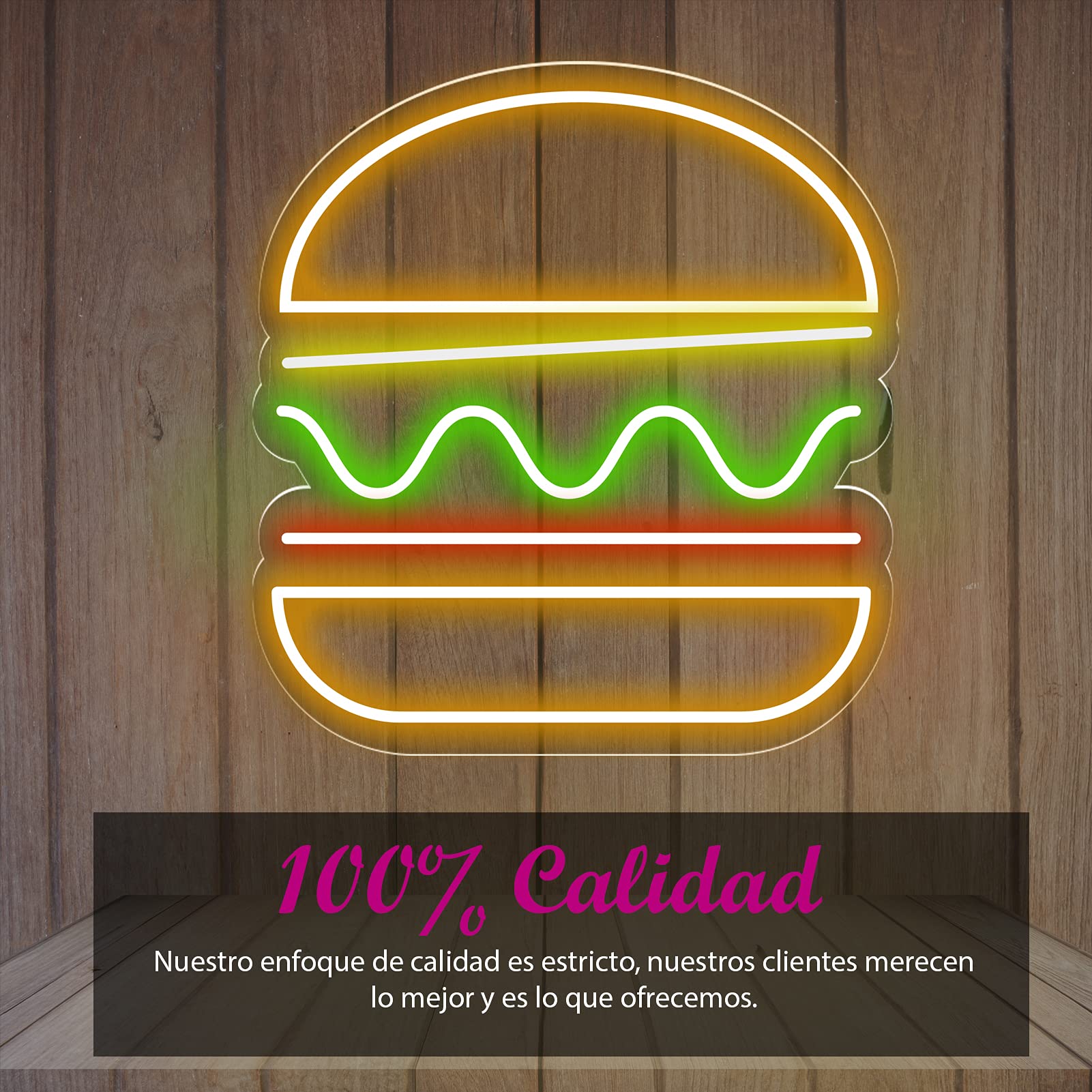 Neon Luces Pared Carteles Letrero Comida Restaurante Feliz -55cm - Personalizable - Multi modelos para elegir - Con Mando a la Distancia- Interior (Neón Hamburguesa Sencilla)