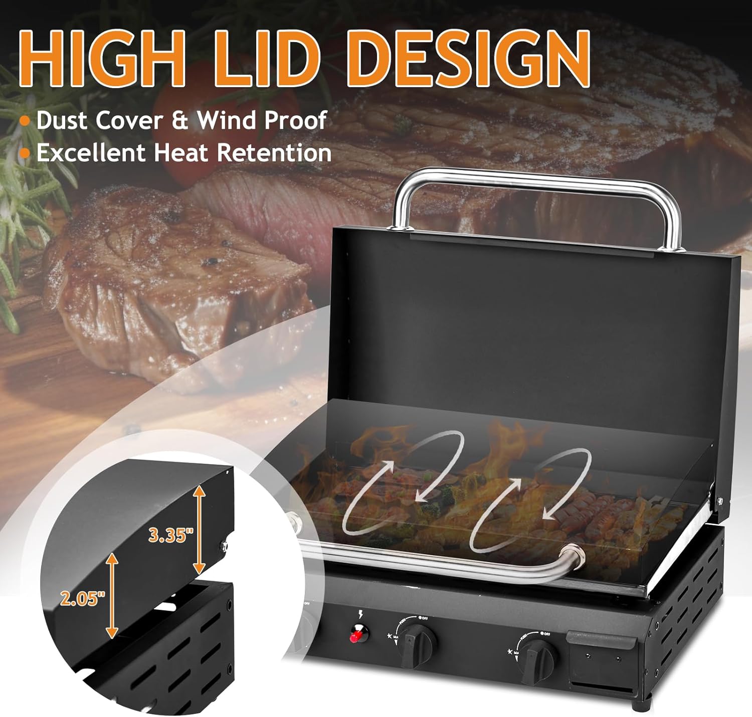 Flat Top Grill, 3-Burner, 30,000 Btu, Propane Griddle, Table Top Griddle with Flip Lid, 23.2"x14.2" Enamel Cast Iron Pan, Easy to Clean, Flattop Grills for Camping, Barbecue, Outdoor Cooking, Black