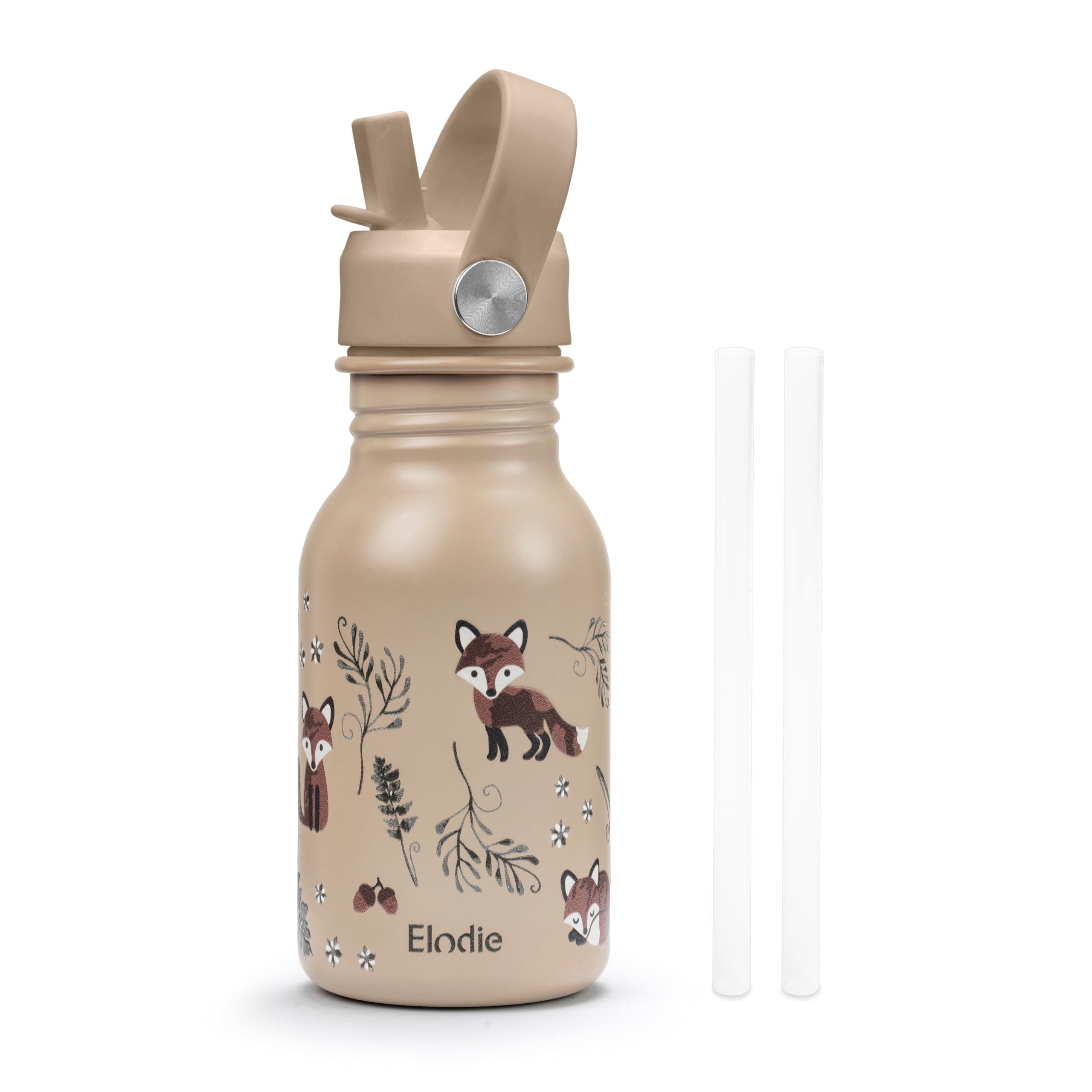 Elodie Details Trinkflasche Kinder Edelstahl mit Strohhalm | Sport BPA frei | auslaufsicher | Wasserflasche für Schule, Kindergarten | für Kleinkinder Jungen und Mädchen | 350ml | Nordic Woodland