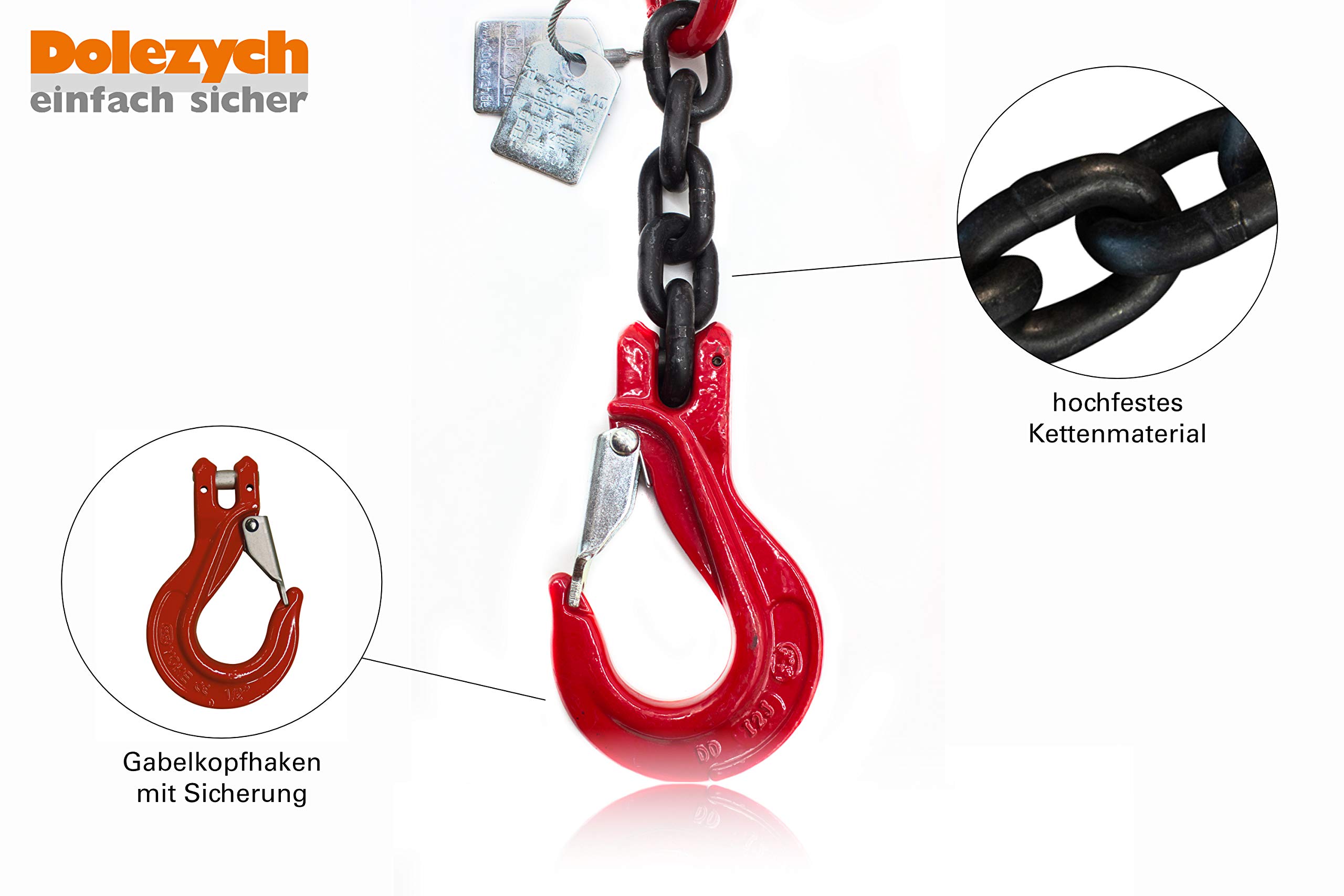 Dolezych Catena di ancoraggio di grado 80 con raccoglitore a cricchetto Dora, 2 ganci a forcella, catena da 10 mm, capacità di ancoraggio diretto = 6300 dan, lunghezza 3,50 m