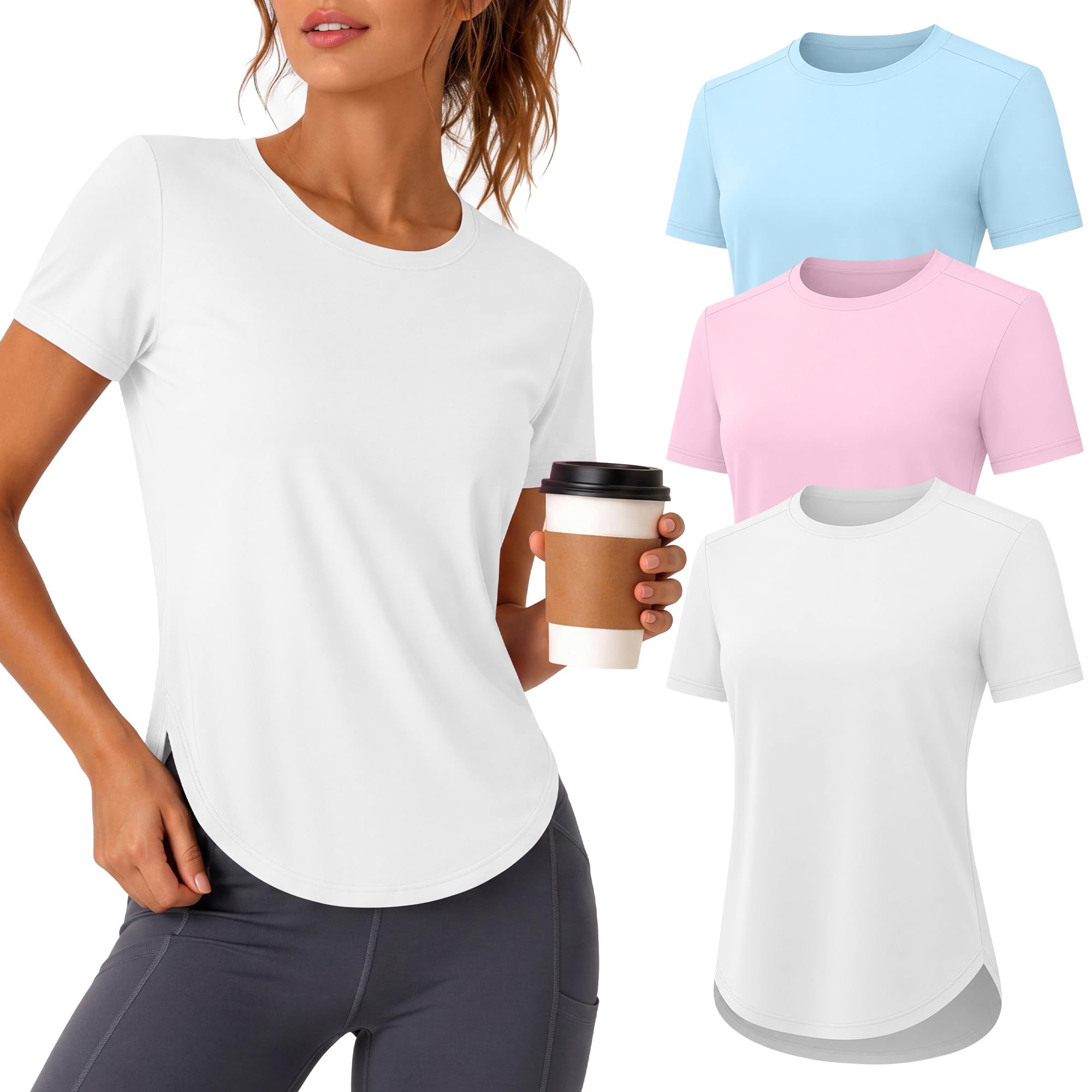 Sweetyweee 3 Pack Women's Workout t Shirts | Quick Dry, Athletic, Loose Fit, T Shirts, Curved, Hem, Side, Split, Tops