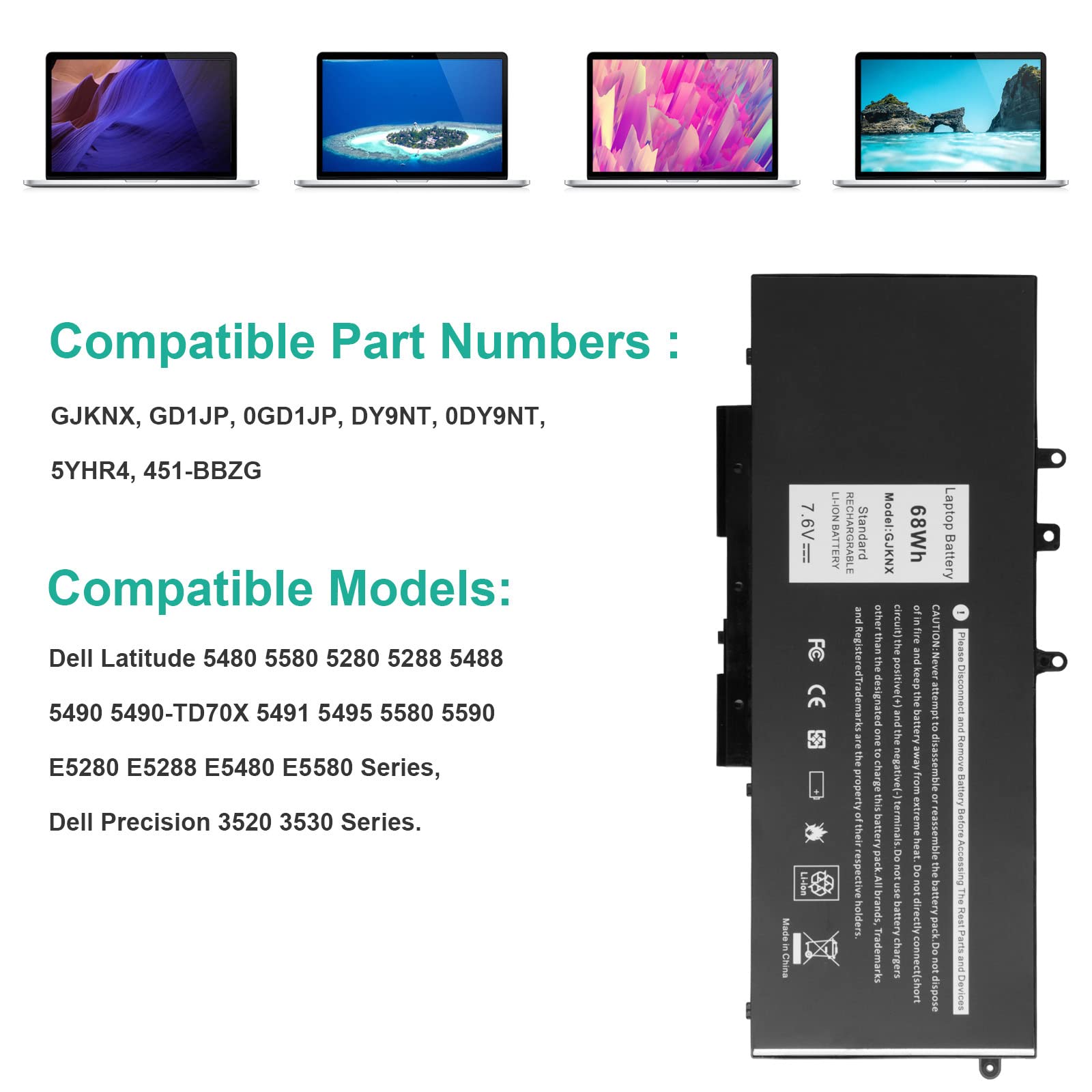 ASUNCELL 7.6V/68Wh GJKNX Batterie d'ordinateur Portable pour Dell Latitude 5480 5580 5280 5288 5488 5490 5490-TD70X5491 5495 5580 5590 E5280 E5288 E5480 E5580 Series, Dell Precision 3520 3530 Series