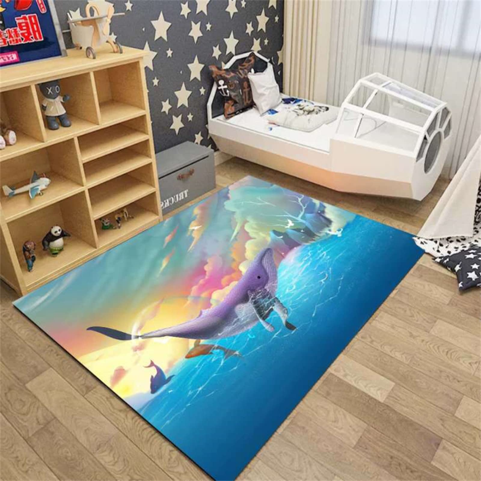 Tapis de jeu bleu 170x240cm lavable pour chambre enfant et grand espace de vie