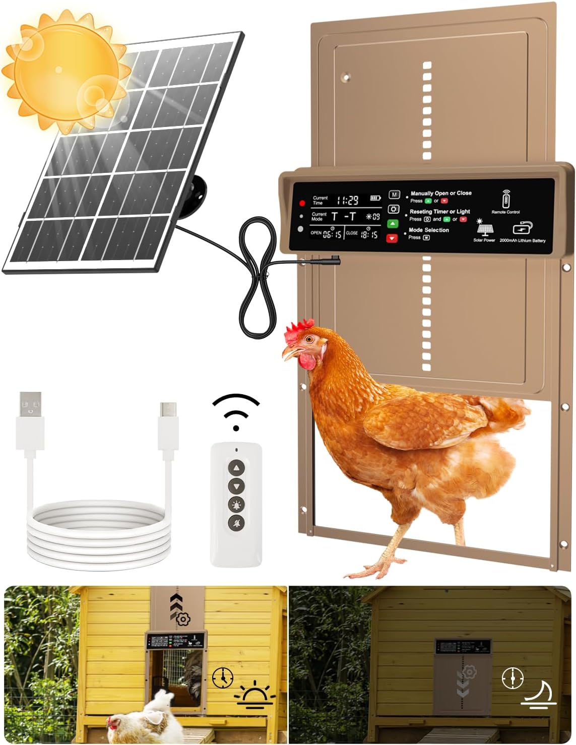 Asfrost Automatic Chicken Coop Door Solar Powered Automatic Chicken Door with Timer & Light Sensor, Anti-Pinch, Durable Aluminum Auto Chicken Door, Charge with 7W Solar Panel & USB - Orange