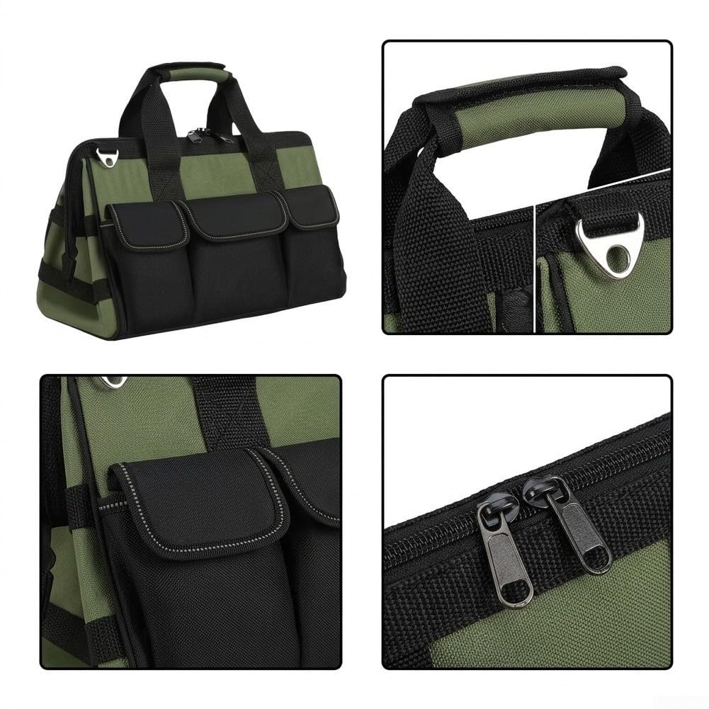 Bolsa de Herramientas para profesional Base Rígida 600D Oxford Gran Capacidad con 8 Bolsillos para Electricista Carpintero 45cm(Army Green)