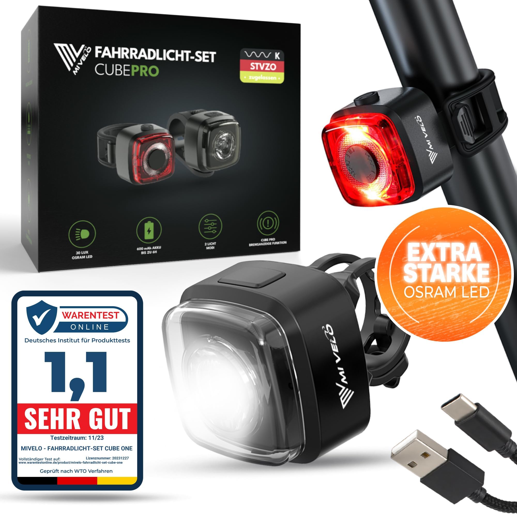 MIVELO Cube PRO Fahrradlicht Set mit Bremsfunktion StVZO zugelassen Fahrradbeleuchtung USB-aufladbar & 100% wasserdicht LED Fahrrad Licht vorne & hinten Rücklicht, Fahrradbeleuchtung