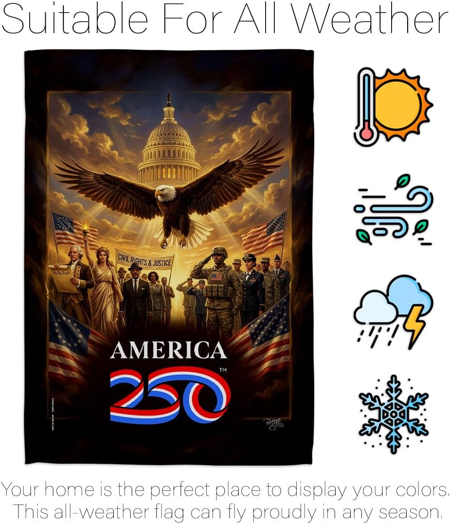 America 250 Flag Justice & Service Independence Day Wall Tapestry House Banner Official Licensed Merchandise Canvas Prints Yard Sign Textile Woven Fabric Poster USA 250th Anniversary Decoration Gift