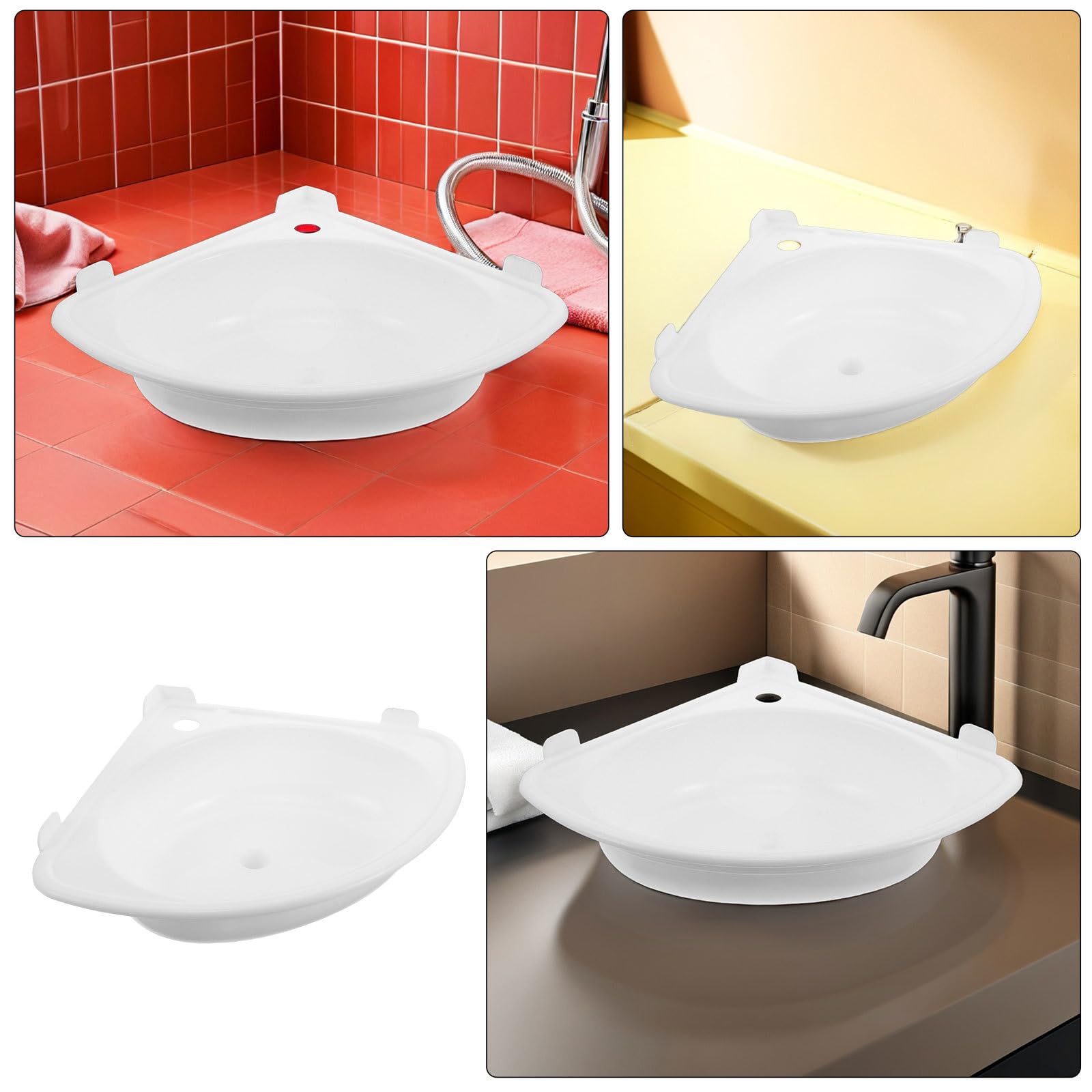 Angoily 1 Juego de lavabo esquinero pequeño triangular de plástico para baño, montaje en pared, ideal para aseo, patio, lavadero, tocador o vestidor.