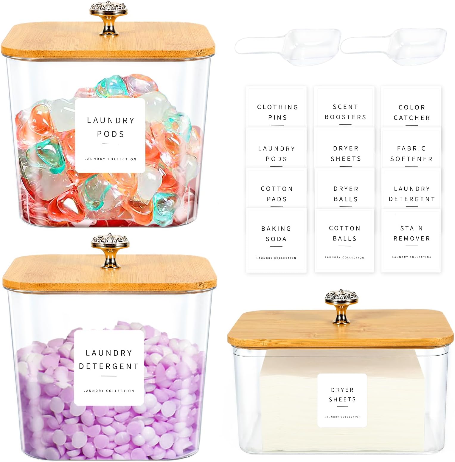 3 Pack Laundry Room Organization Storage Containers Acrylic Laundry Pod Containers and Dryer Sheet Holder with Lids and Labels for Laundry Detergent Laundry Pods Dry Sheet Organizing
