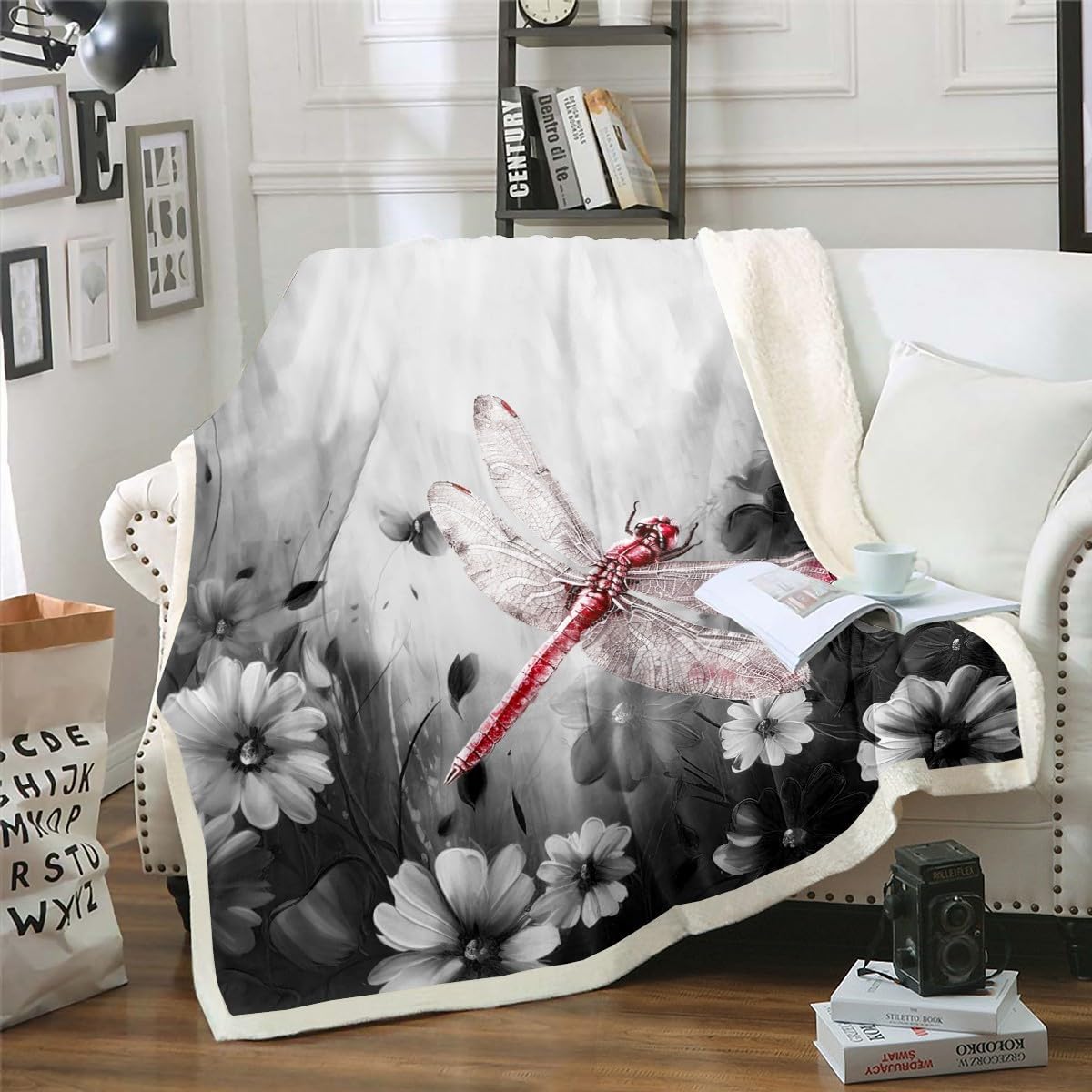 Erosebridal Dragonfly Blanket Daisy Flowers 90"x90" Throw Blanket,Orange Ombre Oil Painting Fleece Blanket Graffiti Art Bed Blanket Rustic Animals Butterfly Bohemian Decor