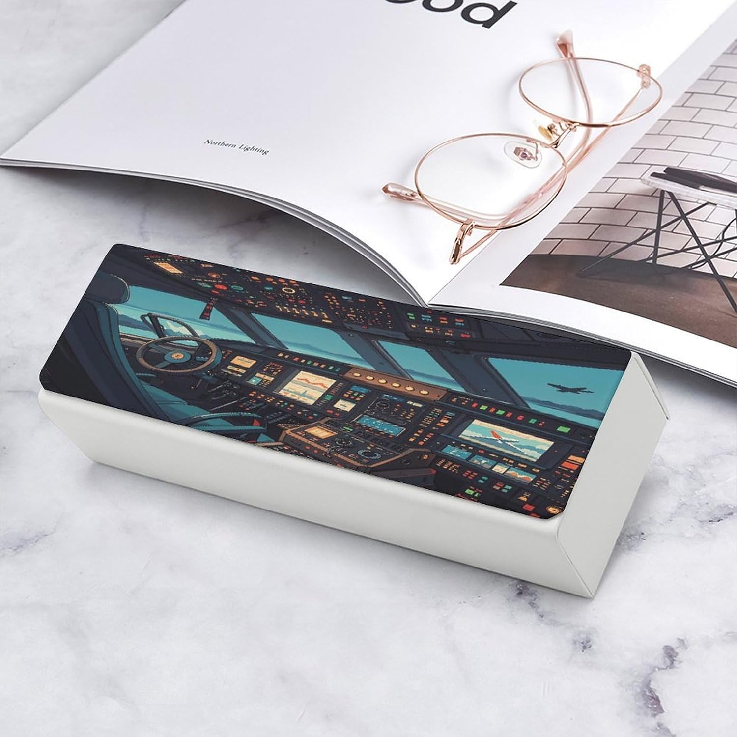 Airplane Eyeglass Case with Cleaning Cloth, Square Spectacles Box Leather Glasses Case for Women Men