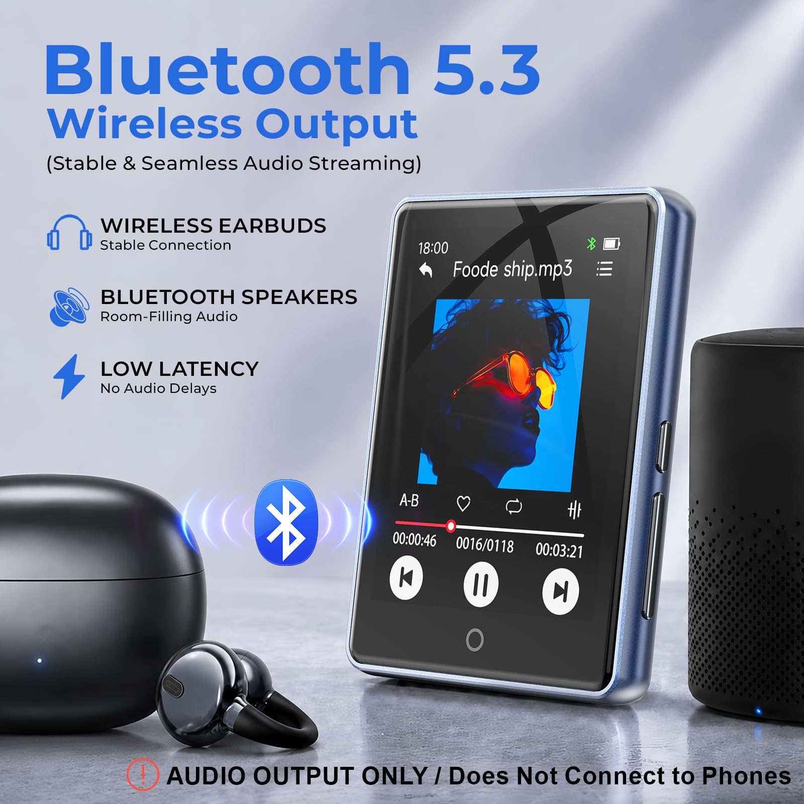 Odtwarzacz MP3 32 GB, Bluetooth 5.3, ekran dotykowy 2,8" | Metalowa obudowa i przenośna konstrukcja, głośnik, możliwość rozszerzenia do 128 GB, radio FM, nagrywanie głosu, budzik