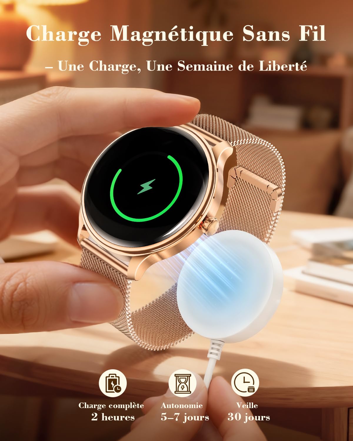 WalkerFit Smartwatch Damen 1,43" AMOLED Bluetooth Anrufe IP68 Fitness Kompatibel iPhone Android Kabelloses Laden wasserdicht Herzfrequenz SpO2 Schlafanalyse 120+ Sportmodi Roségold
