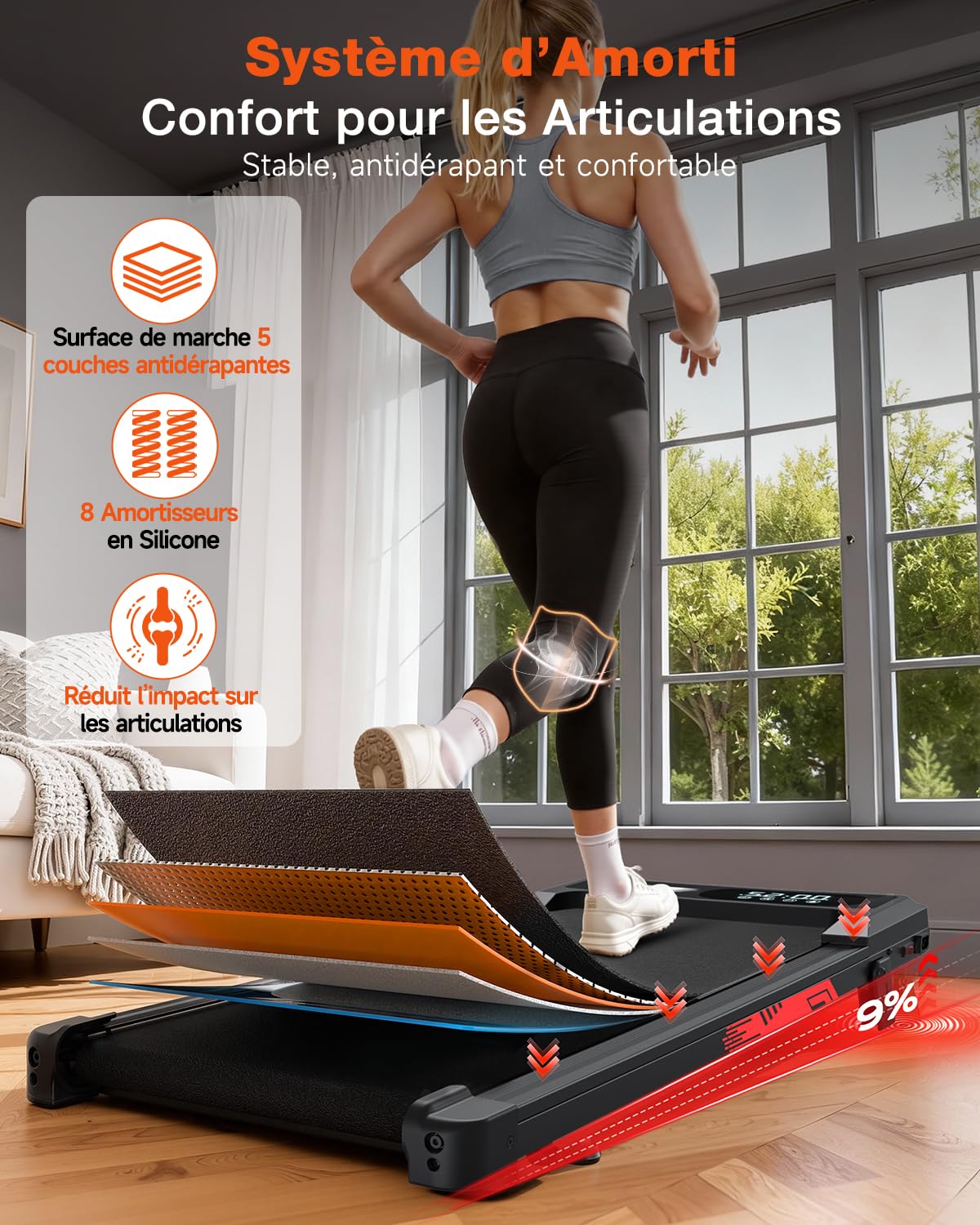 Tapis de Course et de Marche 3 en 1 avec Pente 9%, Tapis Roulant Pliable 1-10 km/h, Walking Pad Électrique, Moteur sans Balais Silencieux 3,0 HP, 140 kg Max, Écran LED, Amorti