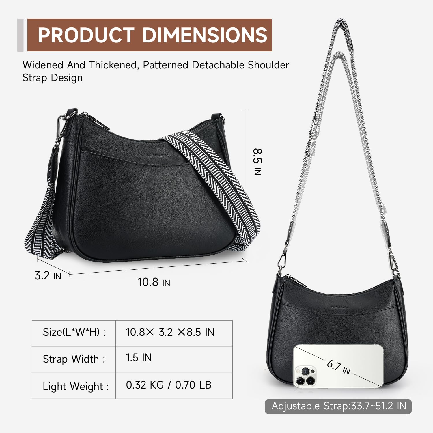 APHISON Klein Crossbody Bag mit Breitem Gurt Schultertasche Umhängetasche Damen veganem Leder schwarz Handtasche Tasche mit Abnehmbarem Schultergurt Kartenschlitz Reisetasche