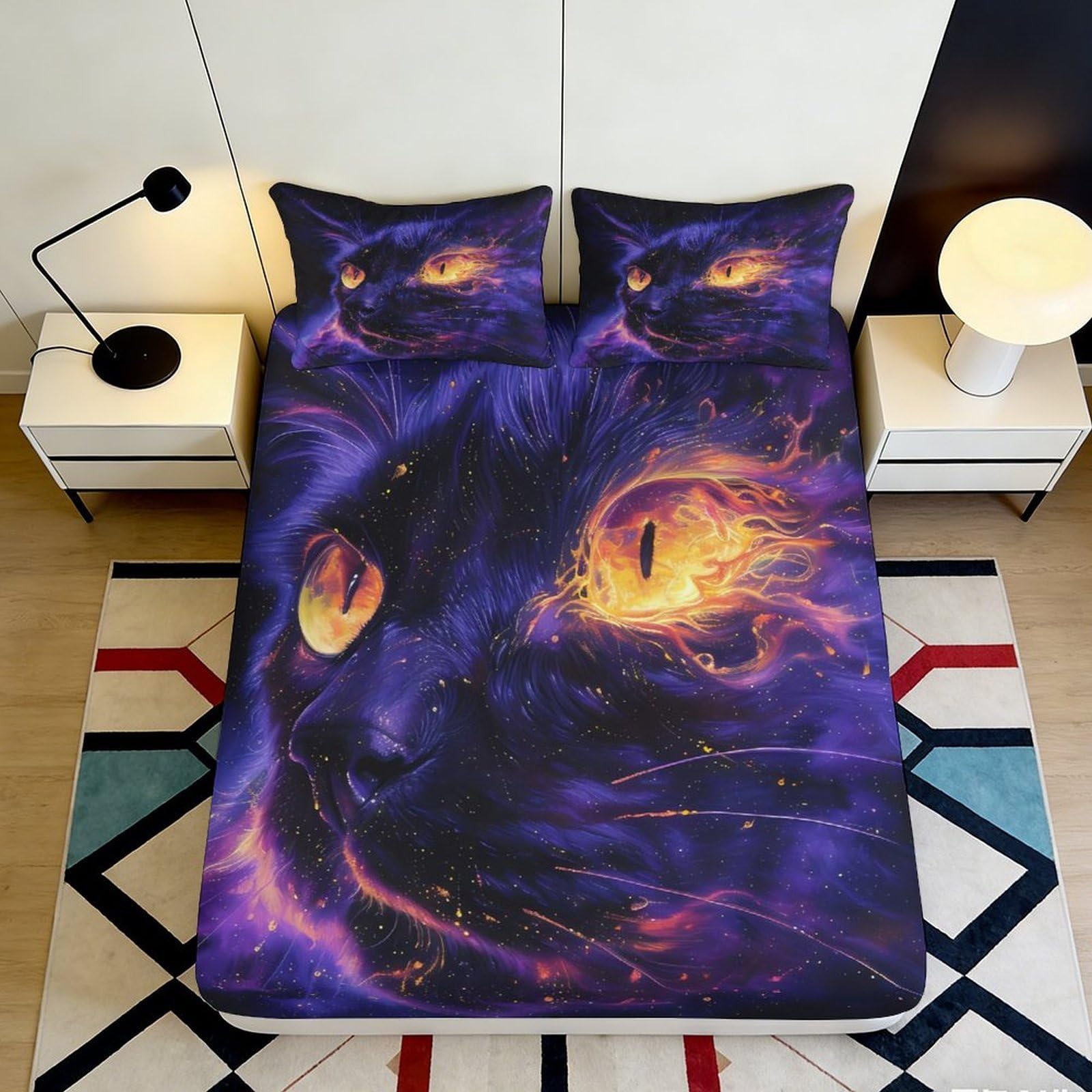 3D Printed Galaxy Cat Fitted Sheet Microfiber Soft Breathable Cosmic Nebula Mattress Cover for Bedroom Dorm Decor 90x200x25cm