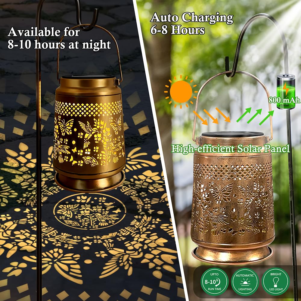 KY&BOSAM Faroles solares para exteriores, impermeables, LED, colibrí y mariposa, decoración de jardín, regalo de cumpleaños para mujeres, mamá, luz decorativa colgante de metal para patio, césped