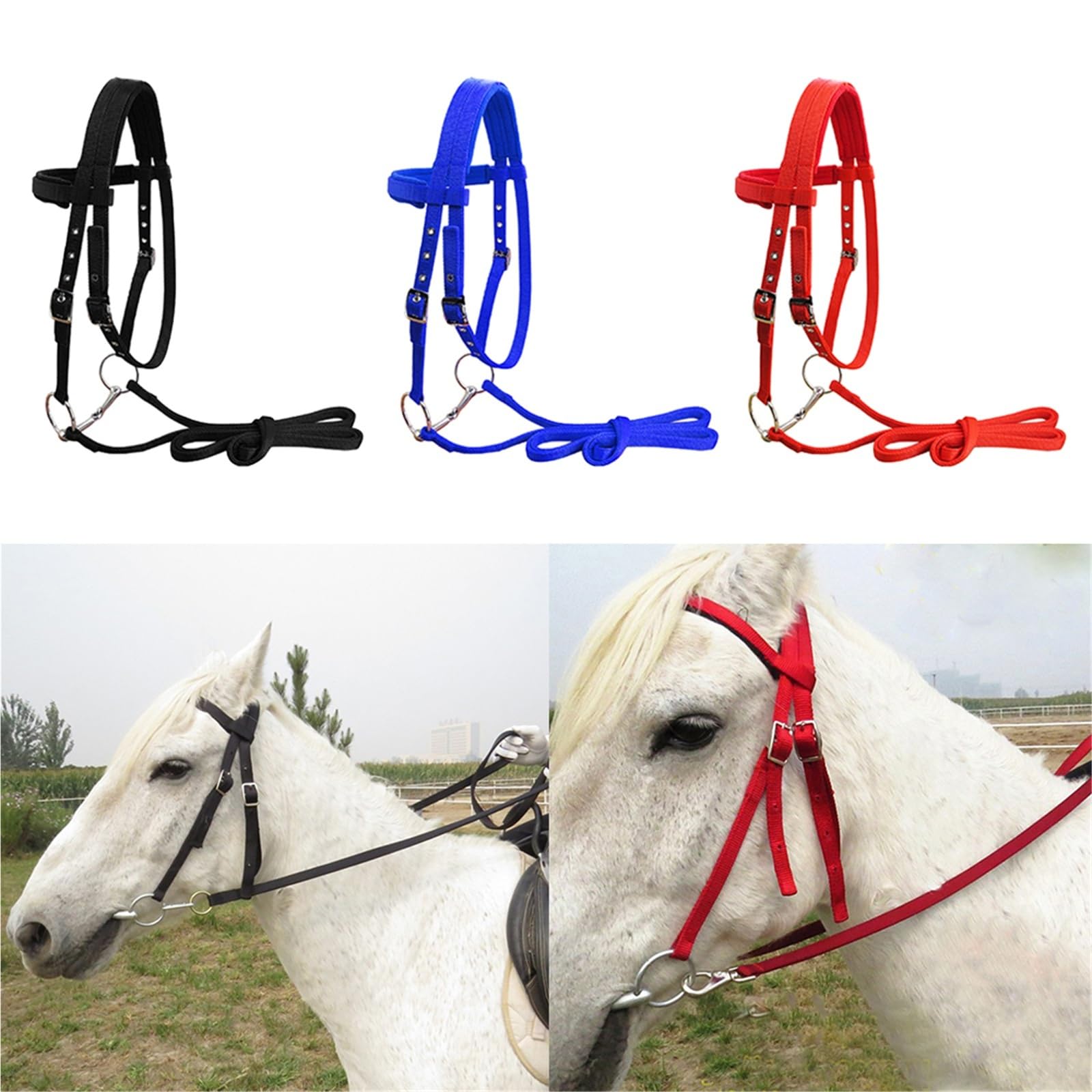 Halfter Für Pferde Pferdezügel-Kopfstück, verdicktes Halfter, Reitausrüstung, abnehmbare Trense(Blue S)