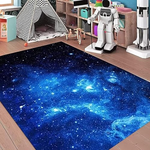Miniatura 2 de Alfombras de franela de galaxia azul de 3 x 5 pies para cocina, comedor, antideslizante, cielo estrellado, tapete para el espacio exterior, para
