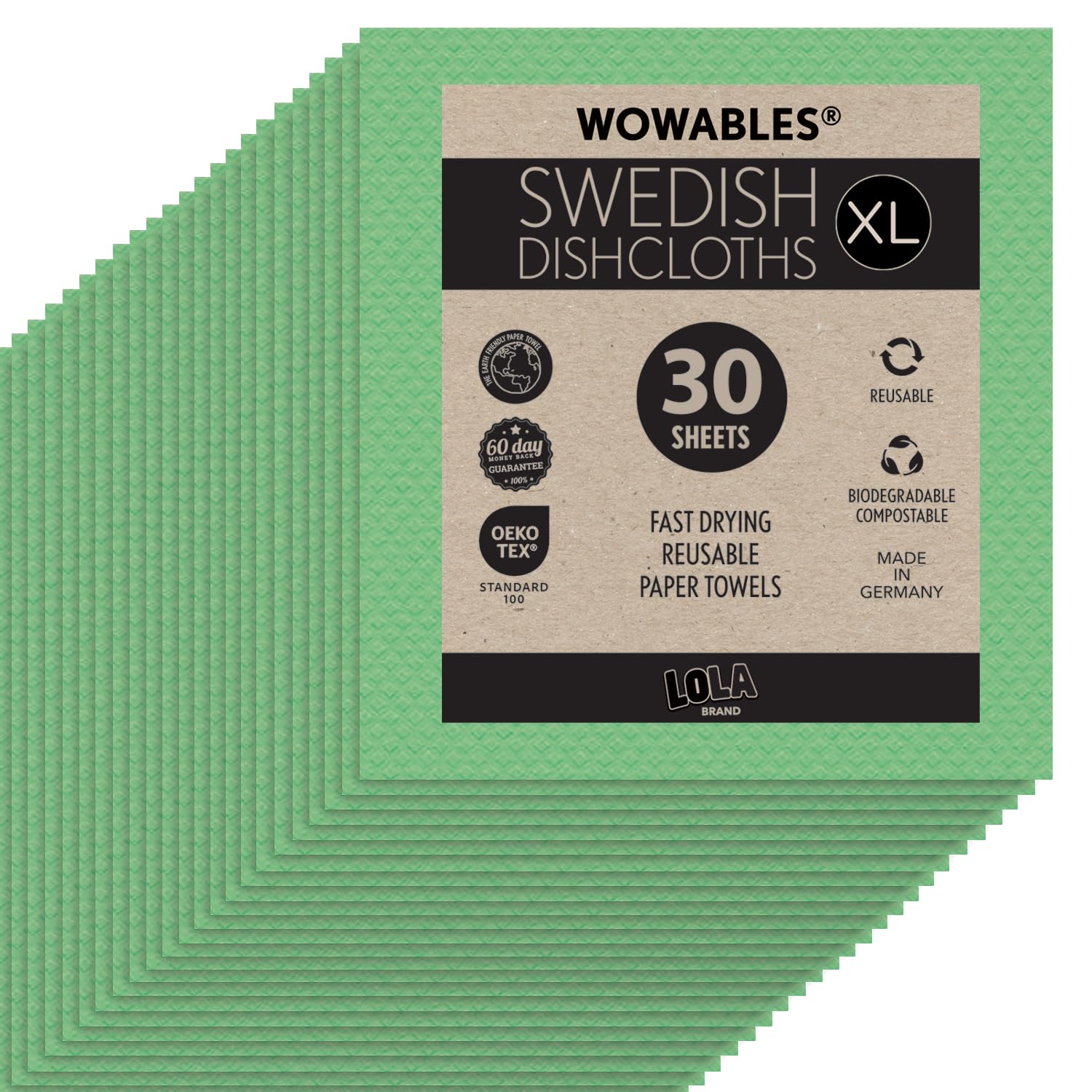 Swedish Dishcloths for Kitchen XL, 30 Sheet Roll, Biodegradable & Compostable, Reusable Paper Towel Cleaning Cloths, 11" x 10", No Odor, Washing