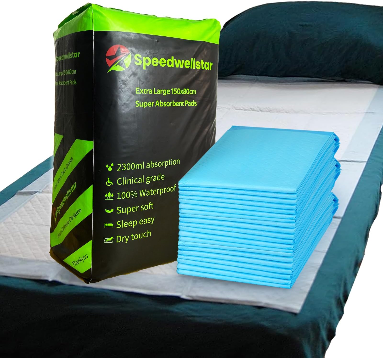 Speedwellstar 20 Disposable Extra Large Incontinence Pads for Beds 150 x 80 cm Hospital Quality Highly Absorbent Absorbs up to 2300ml