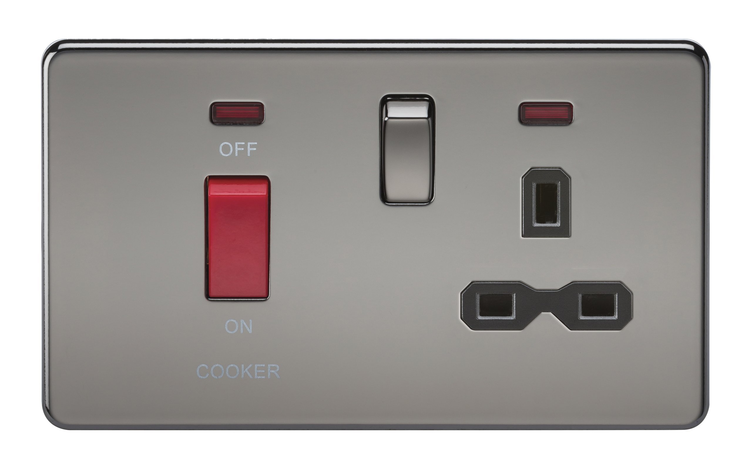 Knightsbridge Black Nickel Sfr8333nbn Screwless 45A Dp 13A Switched Socket With Neons Nickel With Black Insert, 230 V