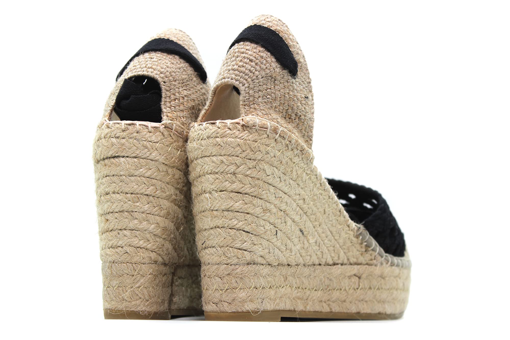 MACARENA - Alba20 Negro - Sandalia con cuña tipo esparto, atada al tobillo, suela de goma, para: Mujer