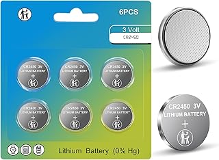 CR2450 Battery, 3V Lithium Battery 6 Count Pack, CR 2450 3 Volt Button Coin Cell Battery Replacement for Car Key Fobs, Watches, Garage Door Openers, Remote Controls, Thermometers