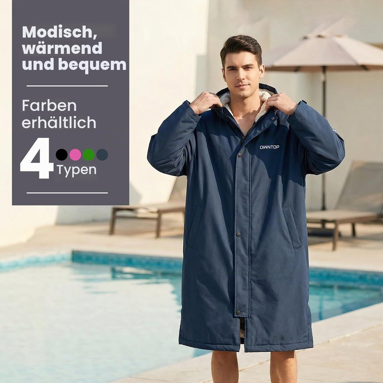 Owntop Wasserdichter Wickelmantel für Damen Herren – Quick-Dry Strand Schwimm Mantel, Winddichter Übergroßer Langarm Mantel mit Kapuze Borg-Fleece-Futter (Unisex für Erwachsene Kinder)