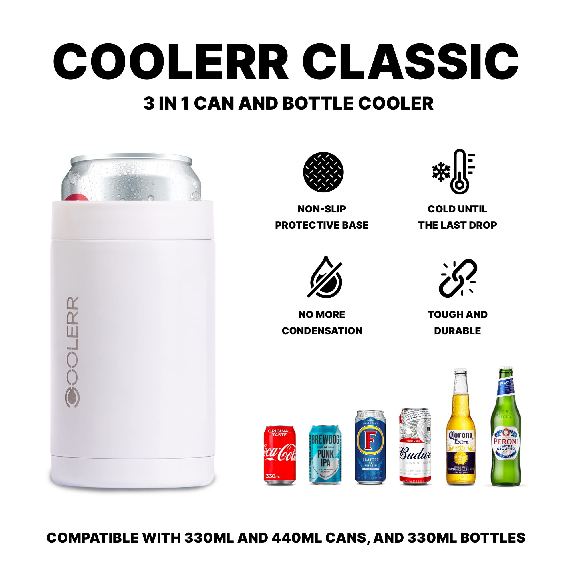 Coolerr - Enfriador de latas isotérmica clásico y enfriador de botellas de 330 ml, latas de 440 ml, botellas de 330 ml, regalos de cerveza, artilugios para hombres, regalos para él,
