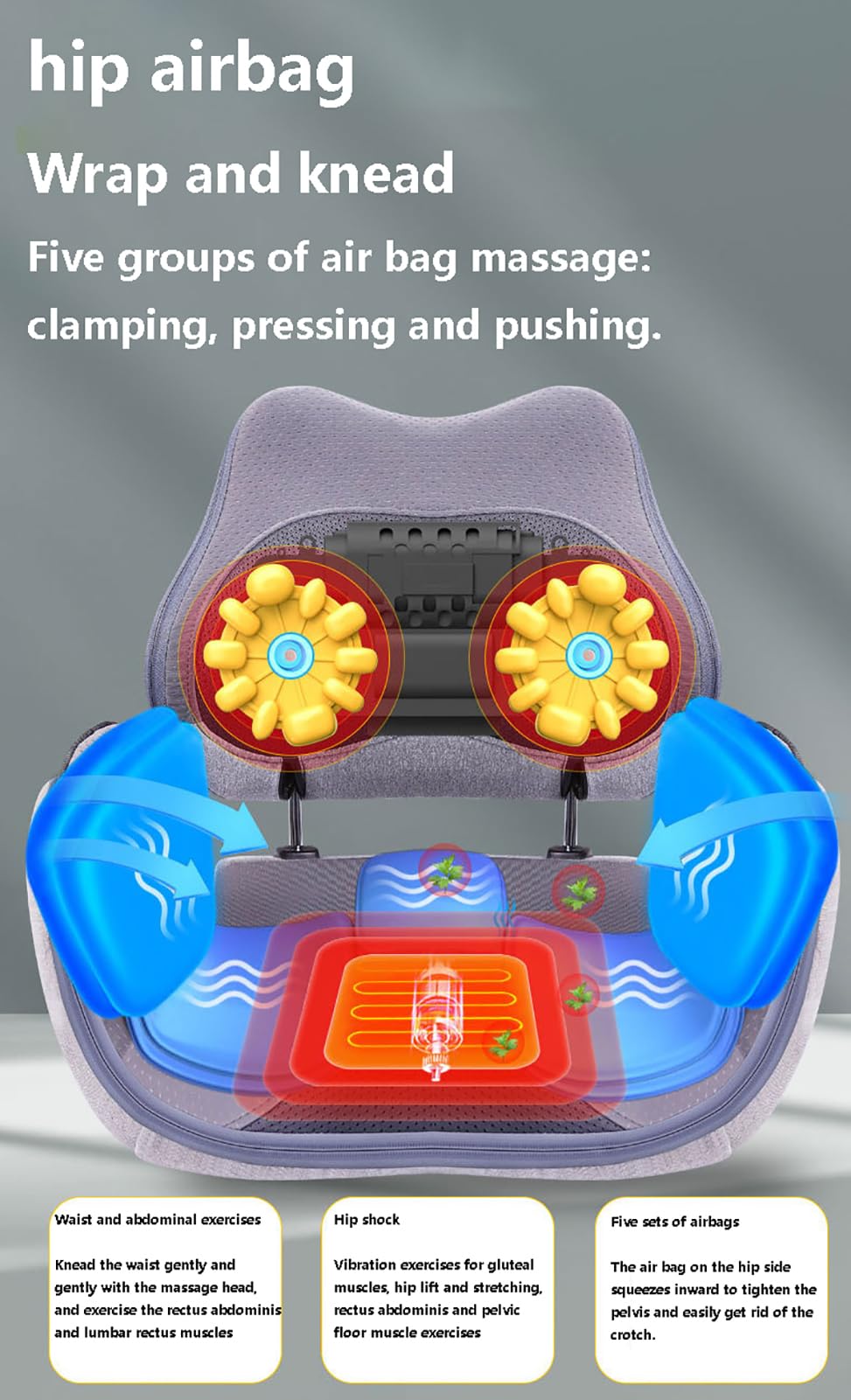 Impastatore per Glutei in Vita, massaggiatore per Massaggio alla Schiena, Cuscino per Sedile, Timer Intelligente, Cuscino per Massaggio con Sedia avvolta in Gas con Calore