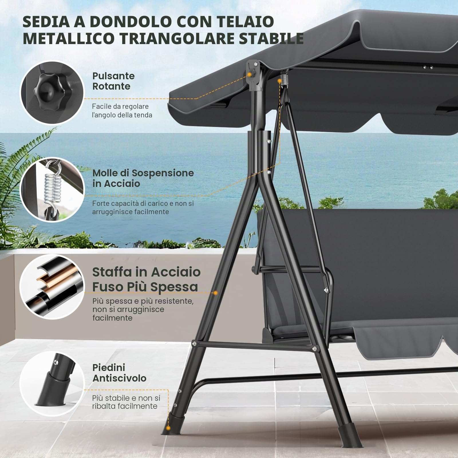 Dondolo da giardino a 3 posti, per esterni, con tettuccio parasole regolabile, piedini antiscivolo, resistente alle intemperie, altalena, portata 200 kg, colore: antracite