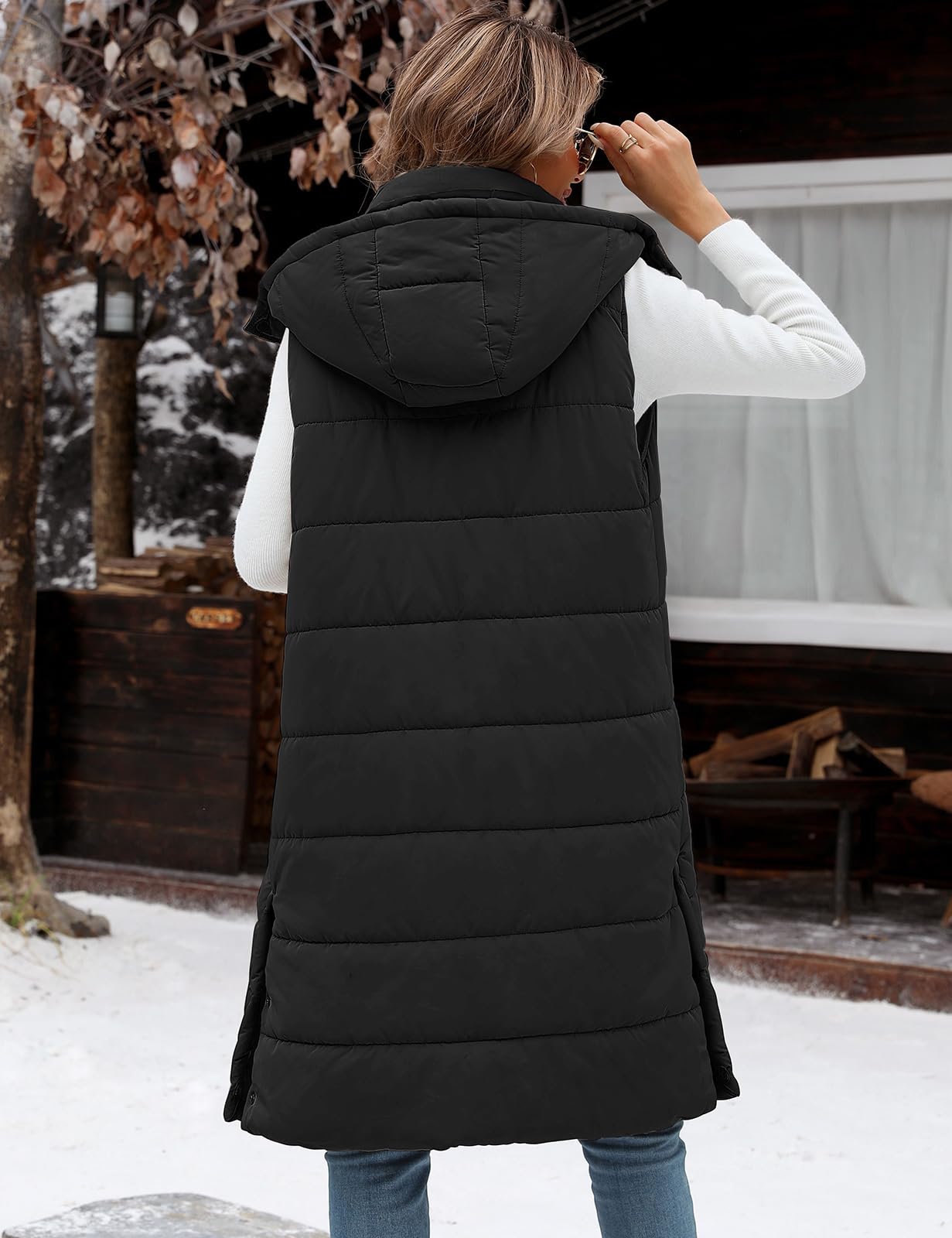 Vancavoo Chaleco Acolchado Mujer Invierno Abrigo Largo sin Mangas Chaleco con Capucha y Cremallera AbrigoS Térmico Con Bolsillos Chaqueta de Cuello Alto para Exteriores