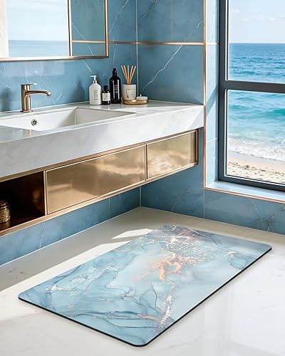 Miniatura 3 de DEXI Alfombra de baño ultra fina, antideslizante para suelo de ducha, absorbente, de secado rápido, de mármol, perfil bajo, 17 x 43 pulgadas, color