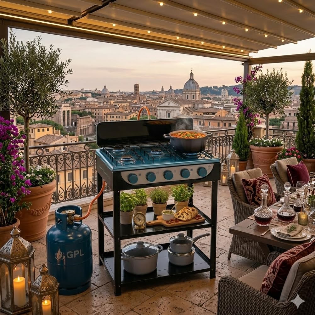 BAKAJI Cucina a Gas GPL con 5 Fuochi da Esterno e 2 Ripiani, Cucinotto Portatile in Acciaio con Paravento 5 Bruciatori, Piedini Stabili Antiscivolo, Ideale per Giardino, Patio, Balcone, Campeggio