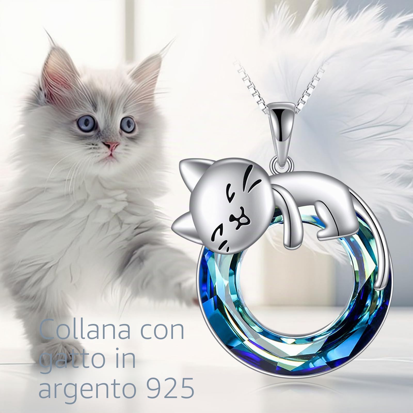Vadmans Collana di Gatti in Argento Sterling Ciondolo di Gatti in Cristallo Blu Regali per Donne