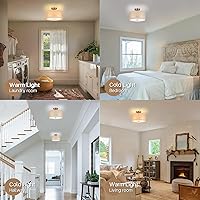 Vista 7 de 13" Boho Woven Rattan Ceiling Light Fixture, 3-Light Semi Flush Mount Modern Drum Lamp with Beige Fabric Shade, Rustic Lighting for Bedroom, Living