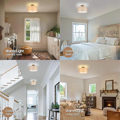 Miniatura 7 de Lámpara de techo de ratán tejido bohemio de 13 pulgadas, lámpara de tambor moderna de montaje semiempotrado de 3 luces con pantalla de tela beige,