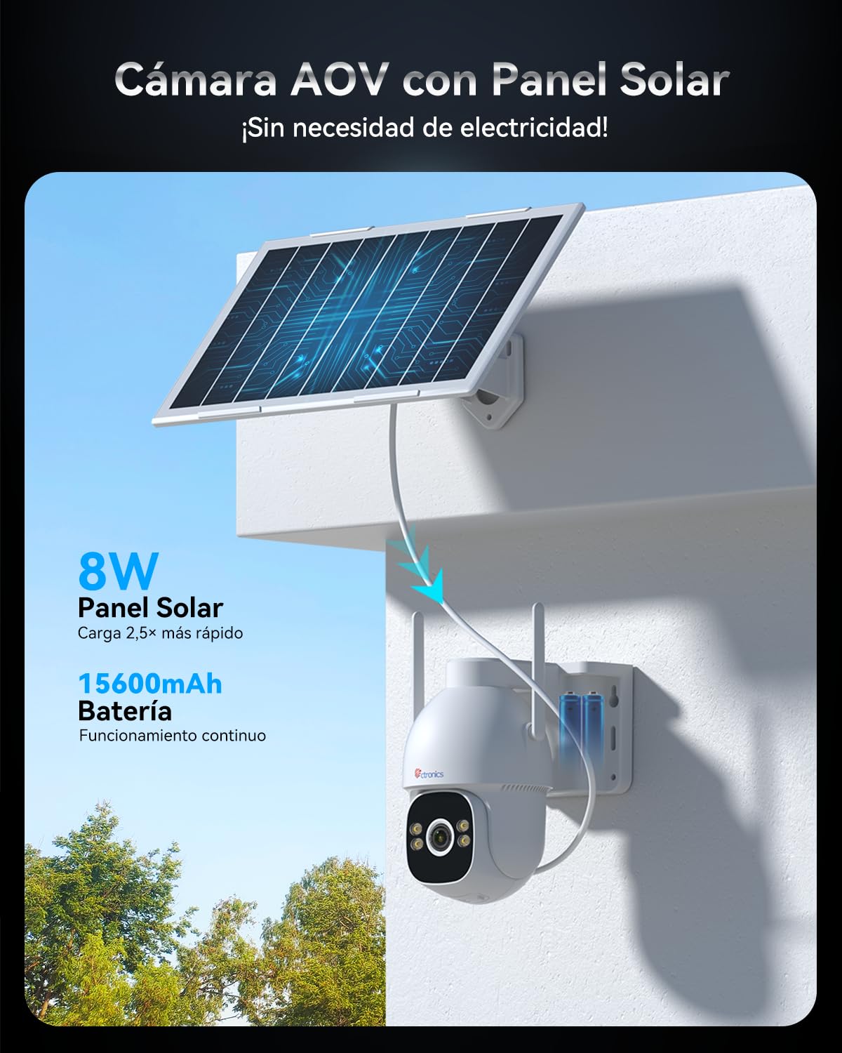 Ctronics Camara Vigilancia AOV Grabación 24/7, Camara Solar 4G con Panel | Solar de 8W y Batería de 15600 mAh, Detección de Personas Hasta 30 m y Seguimiento Automático, Cámara PTZ con Tarjeta SIM