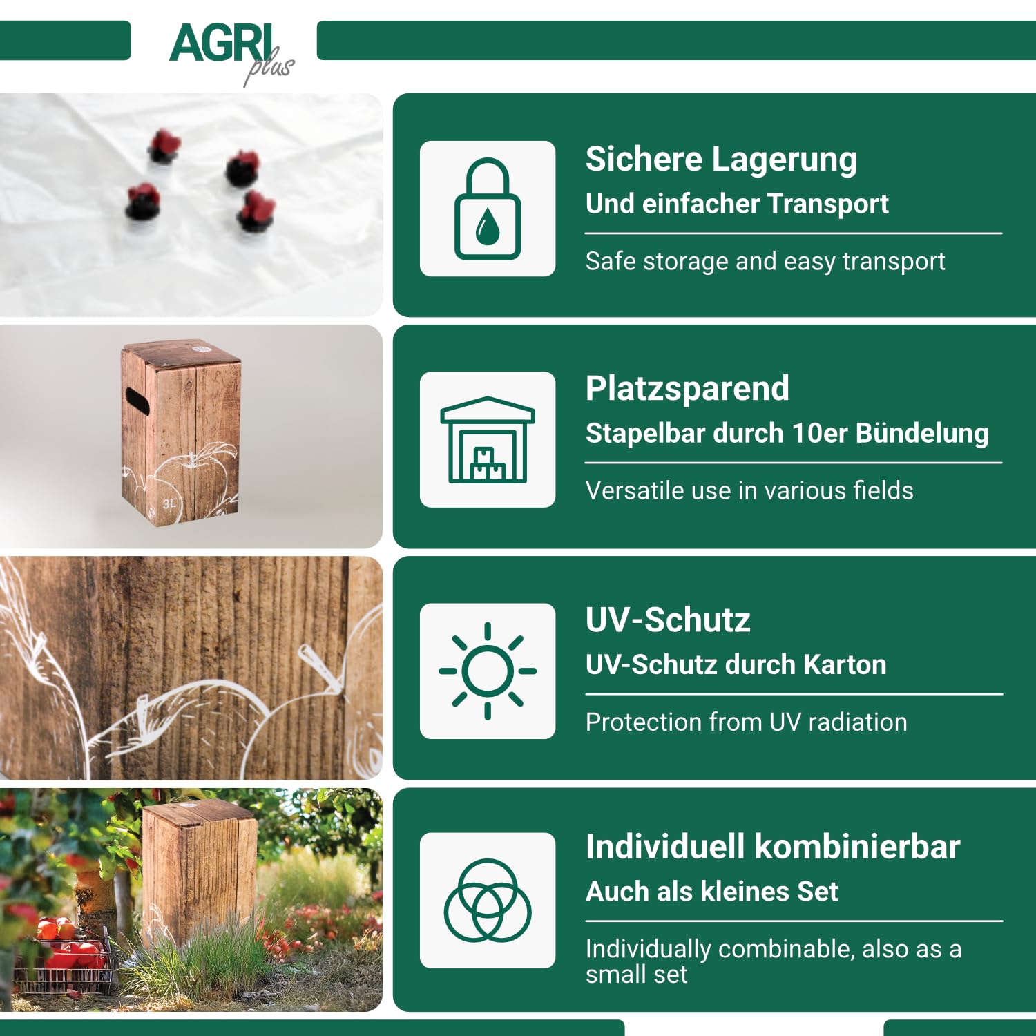 AGRI plus Bag-in-Box-Beutel mit Karton I 3 Liter I 50 Stück I Hochwertiges Saftbeutel-Set mit Holzkiste-Apfel-Motiv I Bis zu 40 x wiederverwendbar I Standboden-Beutel für Apfelsaft, Saft & Wein