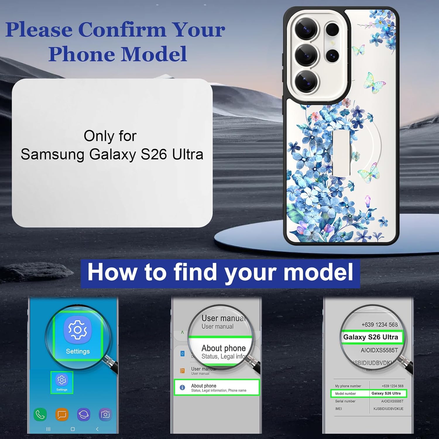 Magnetic Case for Samsung Galaxy S26 Ultra with Finger Hand Strap Kickstand[Compatible with MagSafe] Blue Floral Butterfly Pattern for Women Slim Full Camera Protection Shockproof Phone Case
