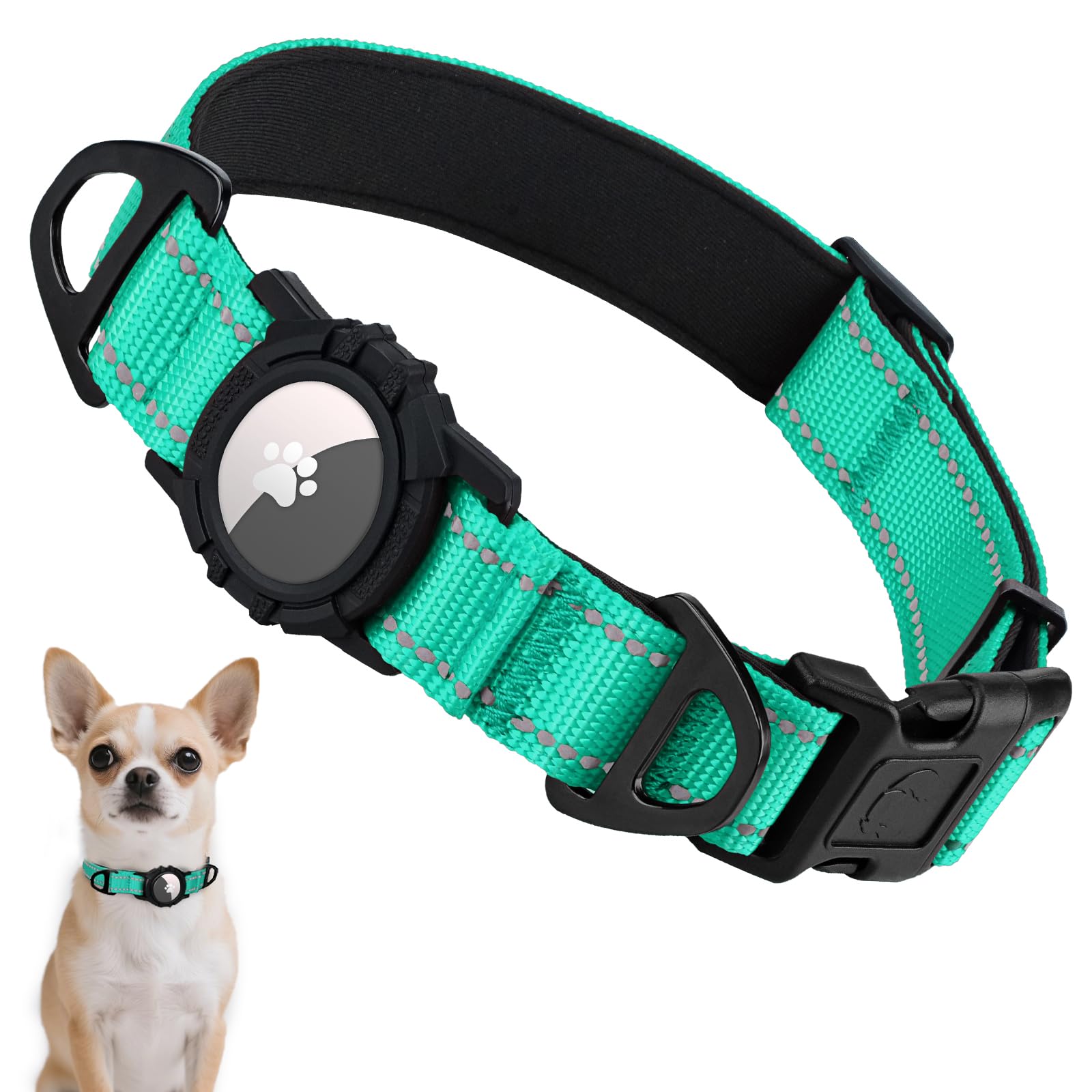 Taglory Reflective AirTag Dog Collar with Airtag Holder, Dual D-Rings, Safety Locking Buckle Durable, Adjustable Soft Padded for Small and Puppy Dogs,